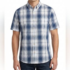 Eddie Bauer Mens Classic Button Up Plaid Blue White Short Sleeve L Outdoor